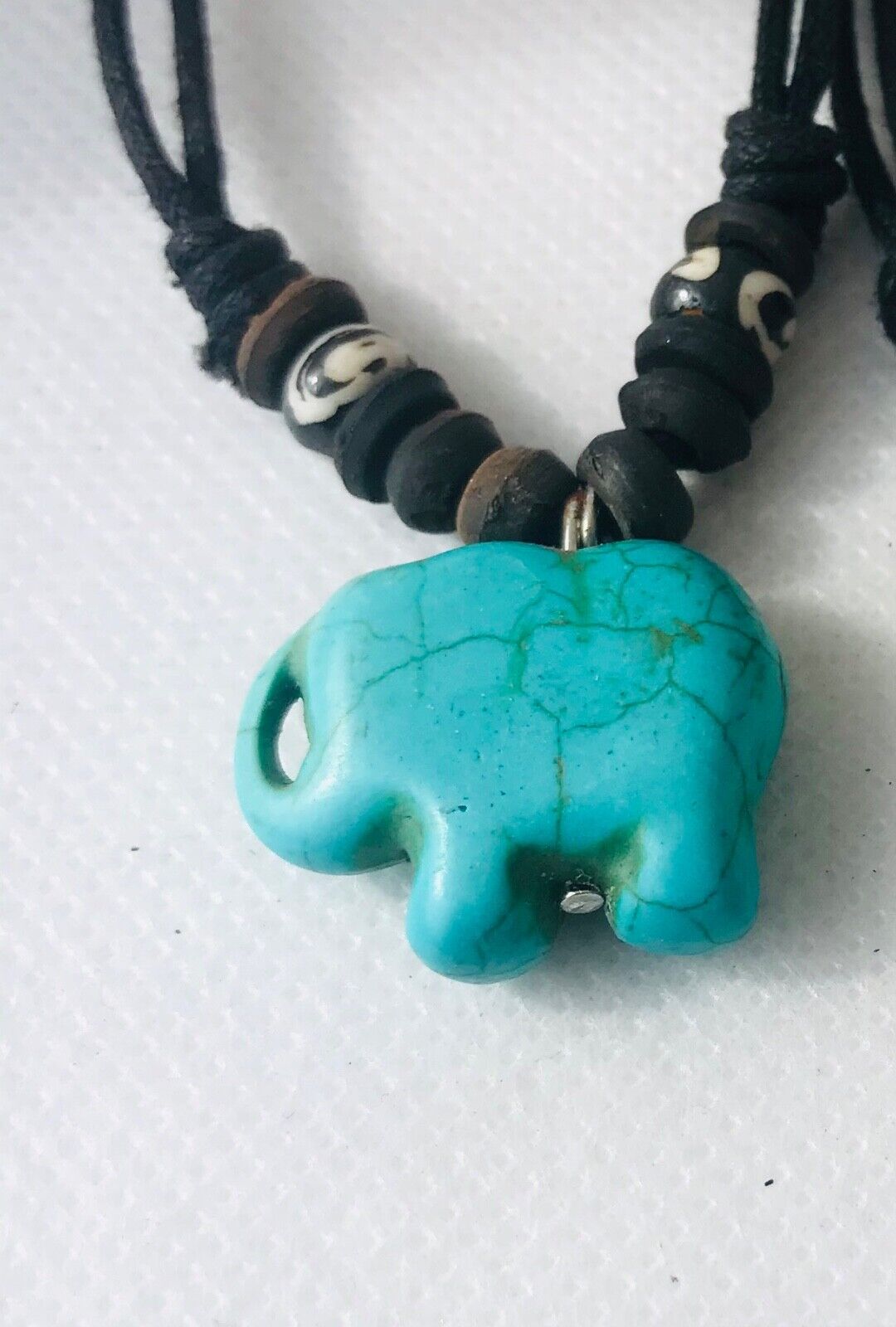 Turquoise Elephant Charm Pendant Necklace with Black Cord